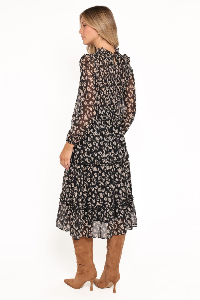 Petal and Pup USA DRESSES Edwina Shirred Frill Long Sleeve Midi Dress - Black Ditsy Floral