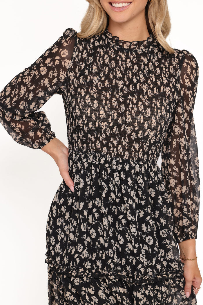 Petal and Pup USA DRESSES Edwina Shirred Frill Long Sleeve Midi Dress - Black Ditsy Floral