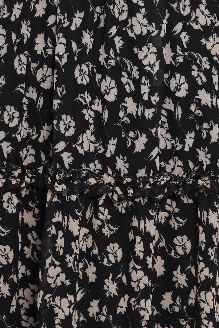Petal and Pup USA DRESSES Edwina Shirred Frill Long Sleeve Midi Dress - Black Ditsy Floral