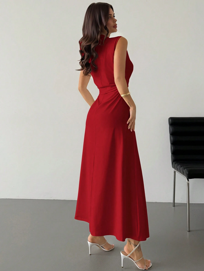 ELEGANT RUCHED STAND COLLAR SLEEVELESS A-LINE MAXI DRESS