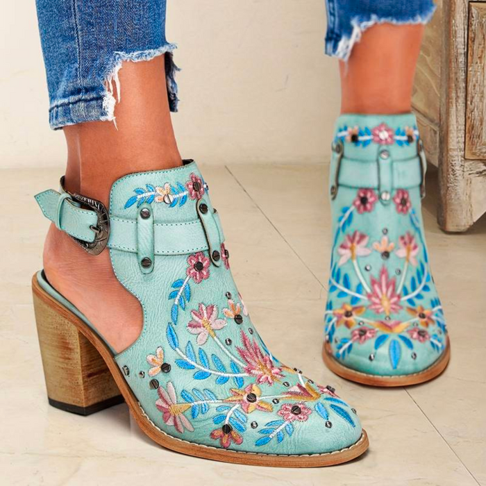 Embroidered Floral Ankle Boots for Women – Stylish Western Design