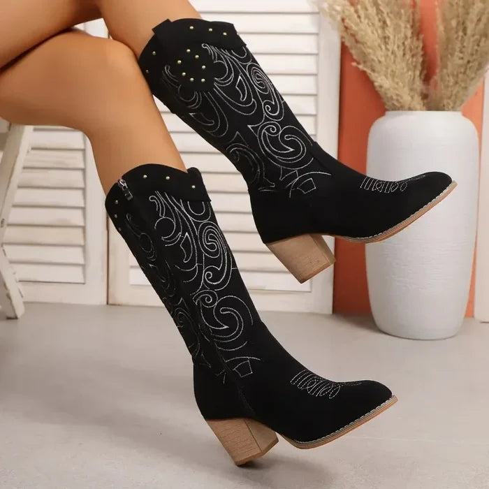 Embroidered Mid-Calf Boots for Women – Stylish & Comfortable Black Design
