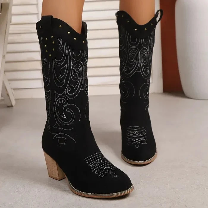 Embroidered Mid-Calf Boots for Women – Stylish & Comfortable Black Design
