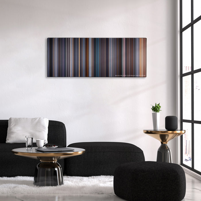 Equilibrium color palette canvas above a black sofa with a gold-topped table