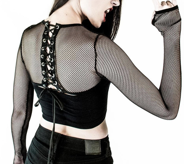Black fishnet shrug with lace up back detail & thumbholes.