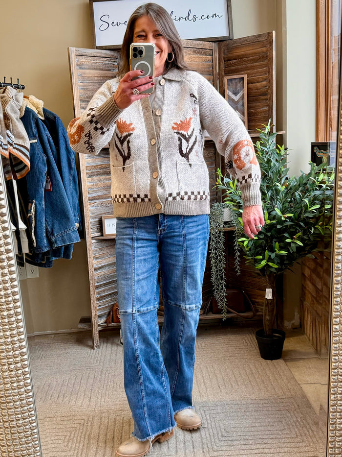 Menagerie print knit cardigan with button front, taupe base, long sleeves