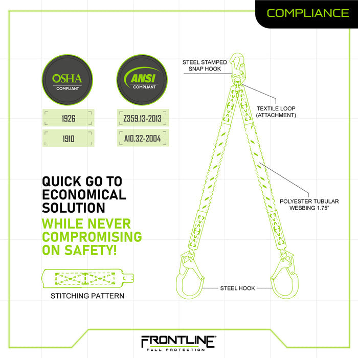 Frontline LIS62R Combat™ Twin Leg 6' Rebar Hook Lanyard with Internal Shock Absorber
