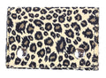 Leopard print wallet with metallic buttons on a white background