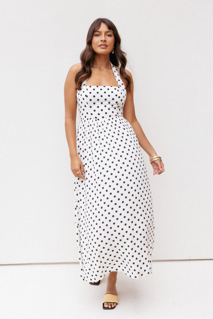Petal and Pup USA DRESSES Gemini Halterneck Maxi Dress - White Polka Dot
