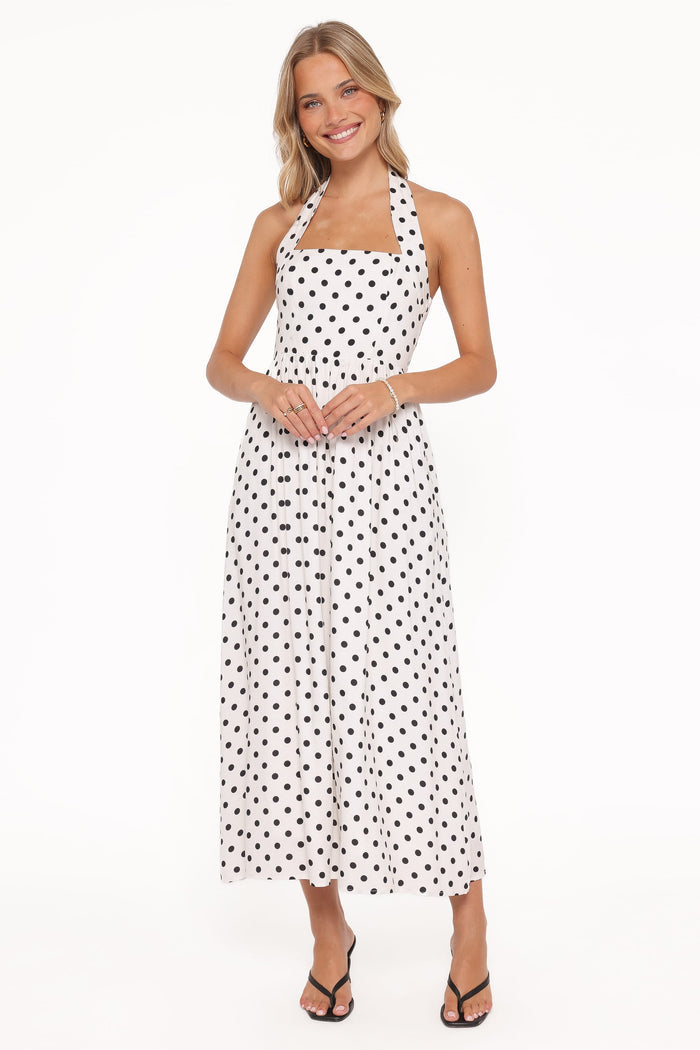 Petal and Pup USA DRESSES Gemini Halterneck Maxi Dress - White Polka Dot