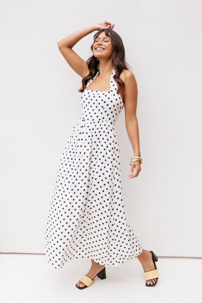 Petal and Pup USA DRESSES Gemini Halterneck Maxi Dress - White Polka Dot