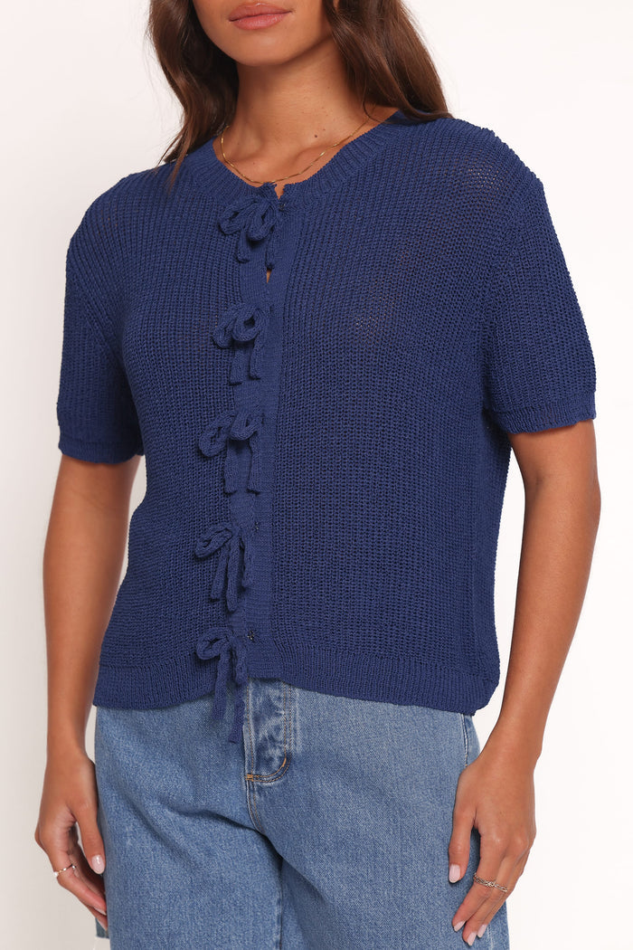 Petal and Pup USA KNITWEAR Gemma Short Sleeve Bow Cardigan - Navy