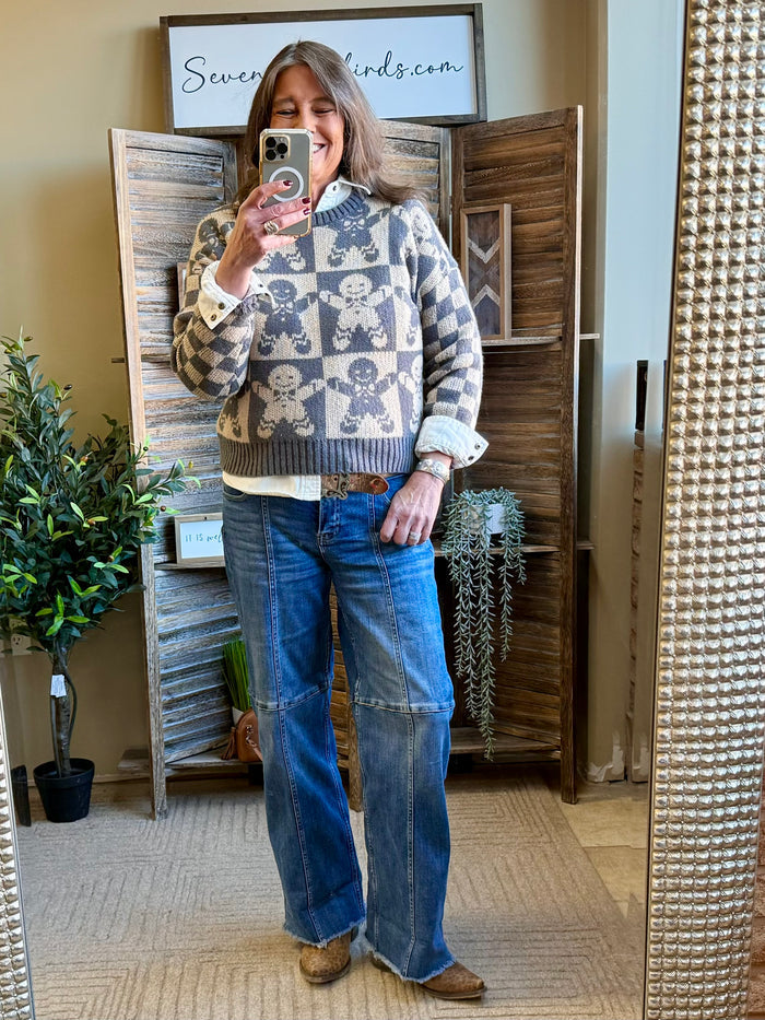 Checkerboard graphic sweater with gingerbread print, crew neck, cream and navy knit