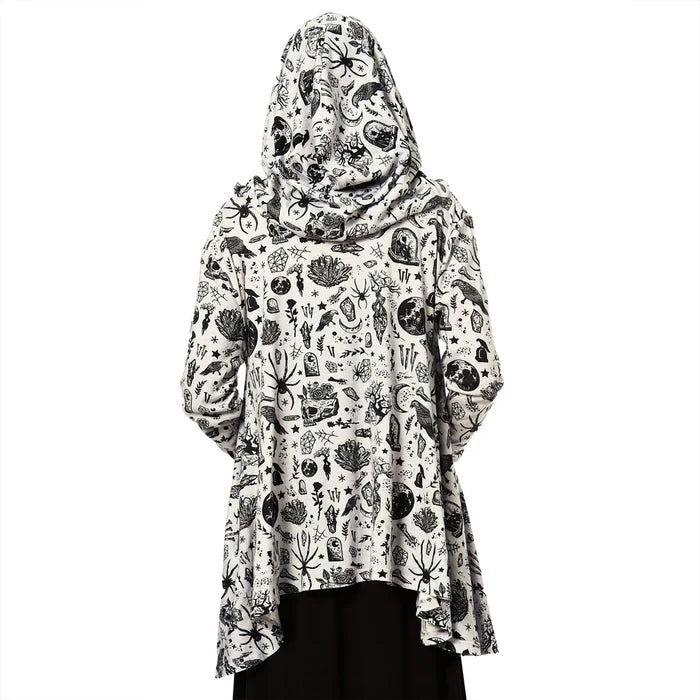 model showing back of cardigan