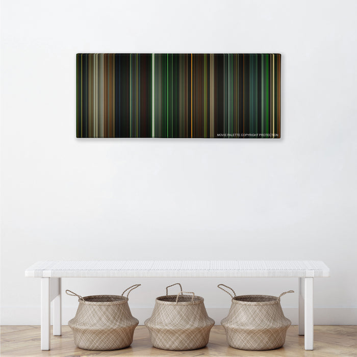 Green Lantern color palette canvas above a white bench with three woven baskets