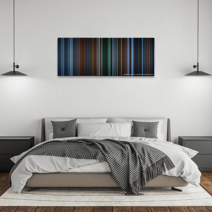 Hellboy color palette canvas above a bed, between two black pendant lamps