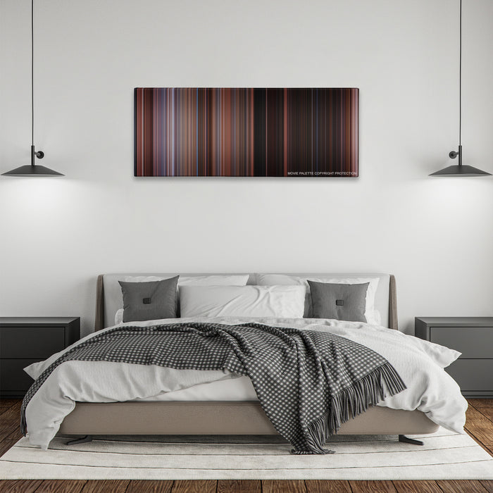 Home Alone 2: Lost in New York color palette canvas above a bed, between two black pendant lamps