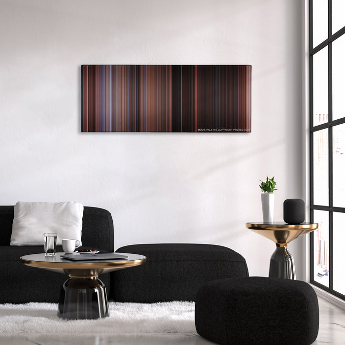 Home Alone 2: Lost in New York color palette canvas above a black sofa with a gold-topped table