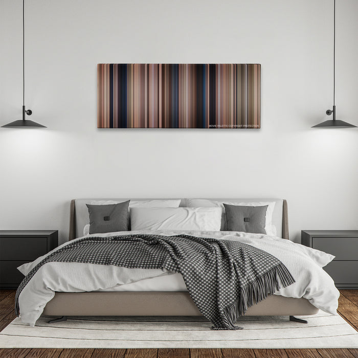 Hotel Rwanda color palette canvas above a bed, between two black pendant lamps