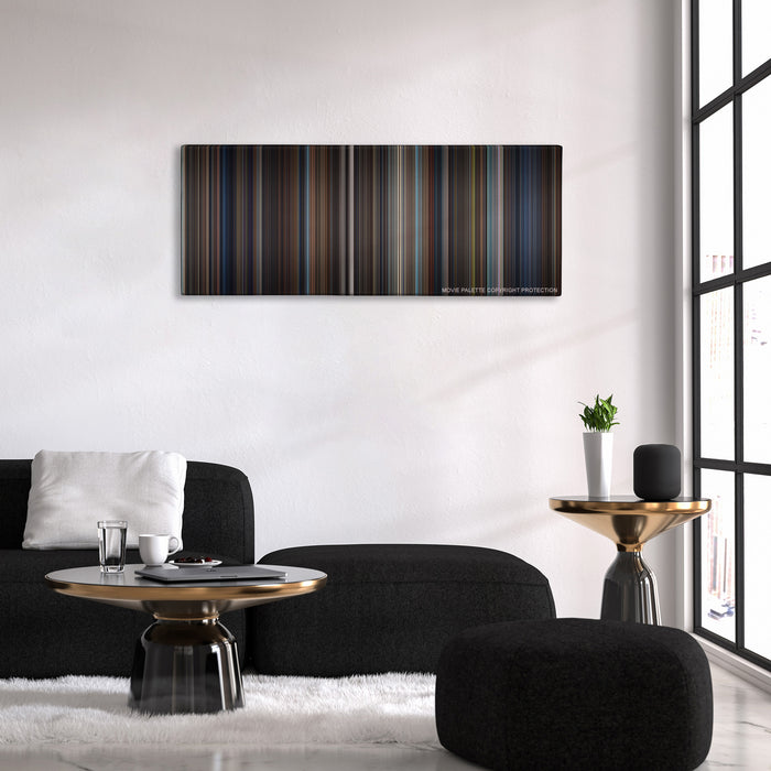 Hugo color palette canvas above a black sofa with a gold-topped table