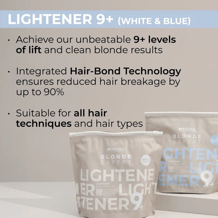 Indola Blonde Expert Lightener Up to 9+ Levels Of Lift Blue Powder with white powder and benefits