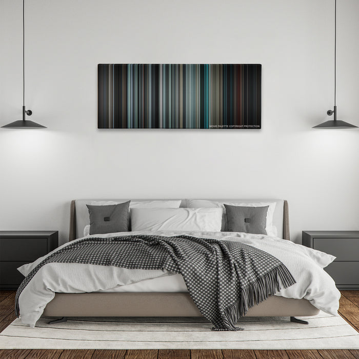 Insidious color palette canvas above a bed, between two black pendant lamps