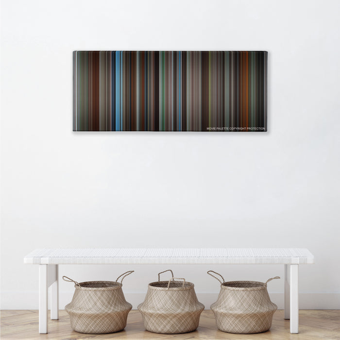 Insomnia color palette canvas above a white bench with three woven baskets