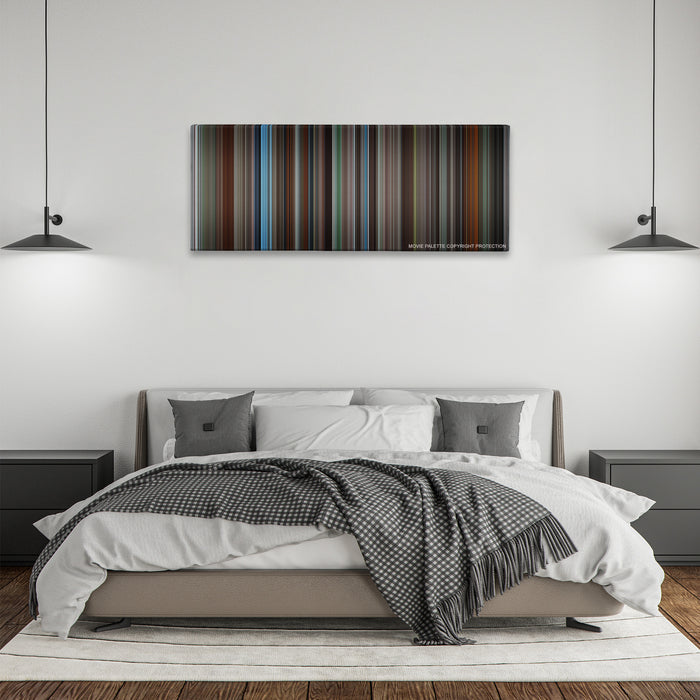 Insomnia color palette canvas above a bed, between two black pendant lamps