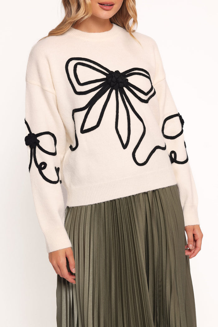Petal and Pup USA KNITWEAR Isiora Bow Embroidered Knit Sweater - Cream