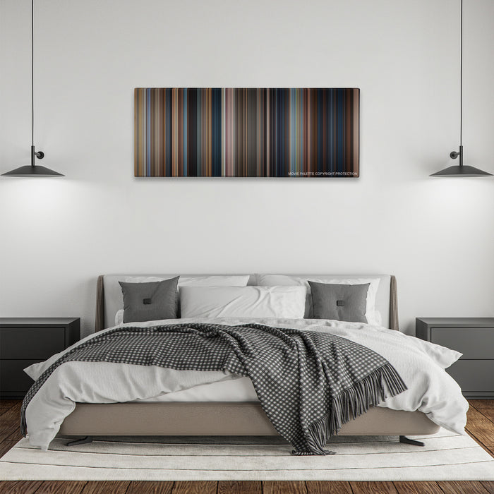 Jack Reacher color palette canvas above a bed, between two black pendant lamps