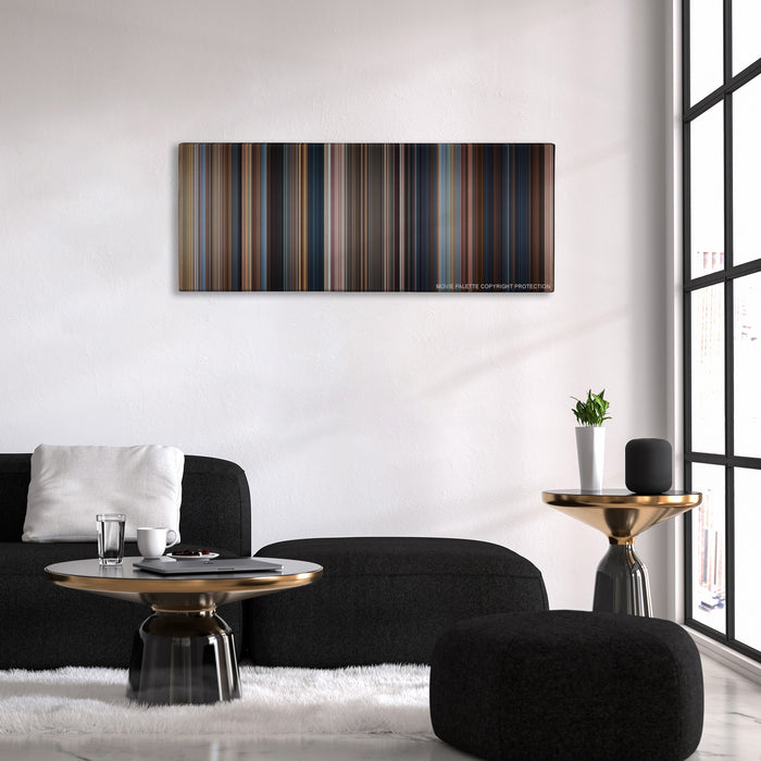 Jack Reacher color palette canvas above a black sofa with a gold-topped table