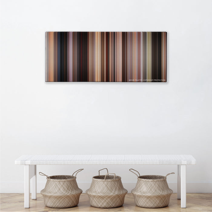 Jackie Brown color palette canvas above a white bench with three woven baskets