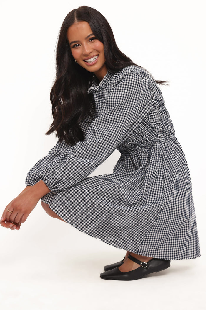 Petal and Pup USA DRESSES Jessen Long Sleeve Mini Dress - Navy Gingham