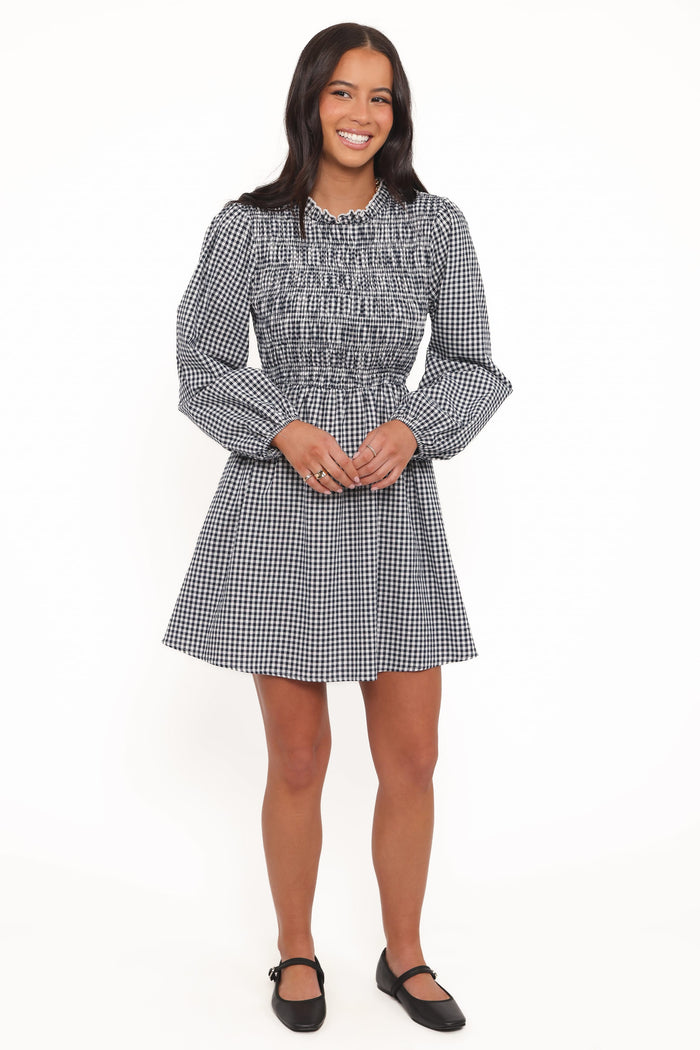 Petal and Pup USA DRESSES Jessen Long Sleeve Mini Dress - Navy Gingham