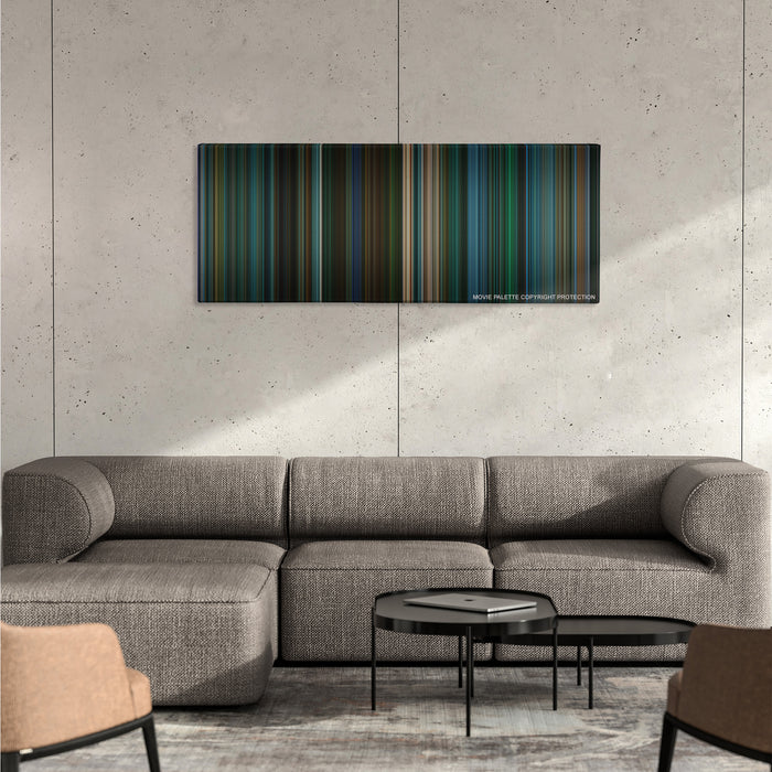 John Wick: Chapter 3 - Parabellum color palette canvas on a concrete wall above a gray sectional sofa