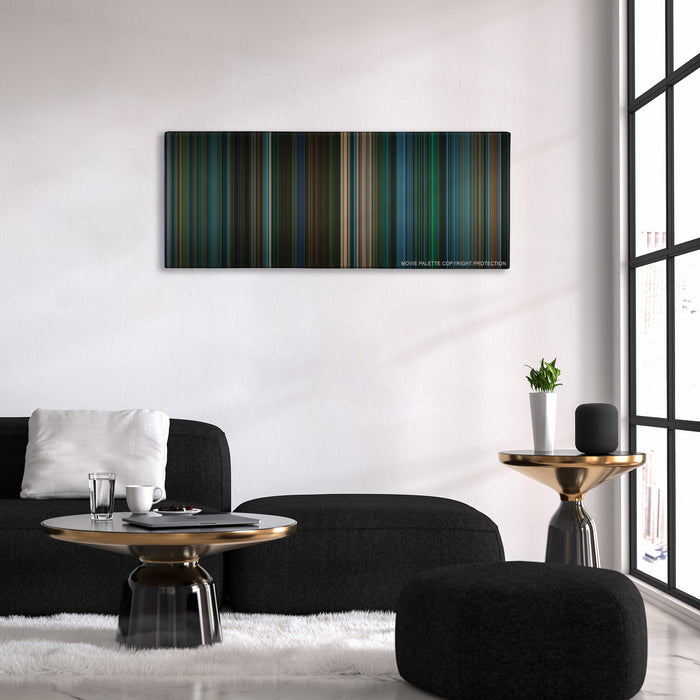 John Wick: Chapter 3 - Parabellum color palette canvas above a black sofa with a gold-topped table