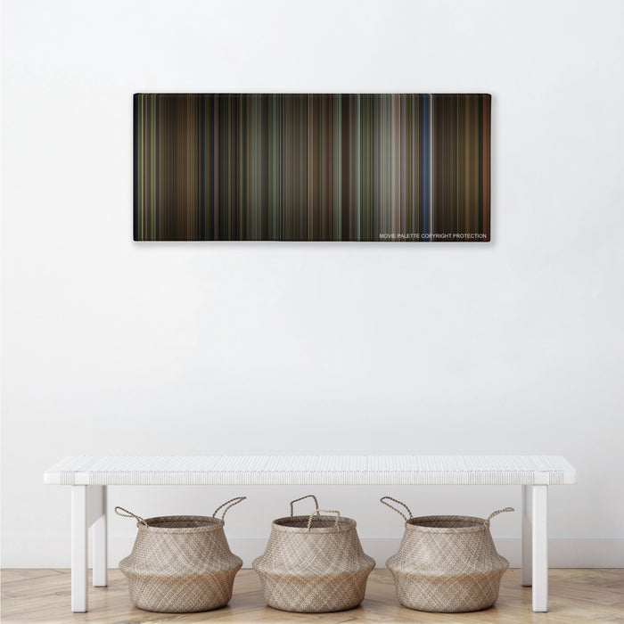 Jumanji color palette canvas above a white bench with three woven baskets