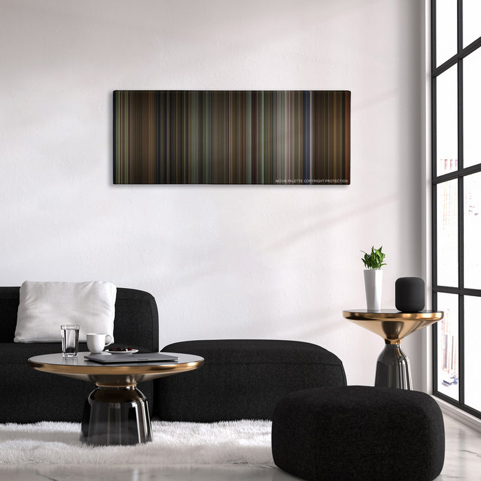Jumanji color palette canvas above a black sofa with a gold-topped table