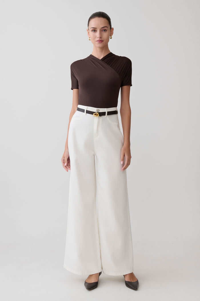Junie Shortsleeve Cross-Over Bodysuit - Chocolate