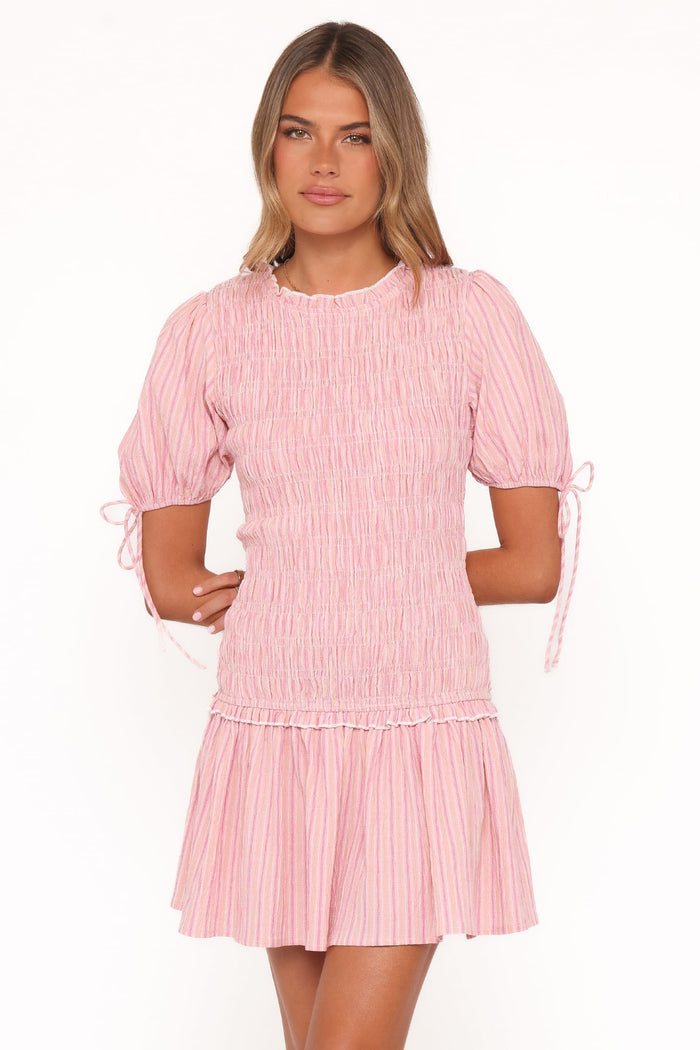 Petal and Pup USA DRESSES Kaelyn Gather Mini Dress - Pink Stripe