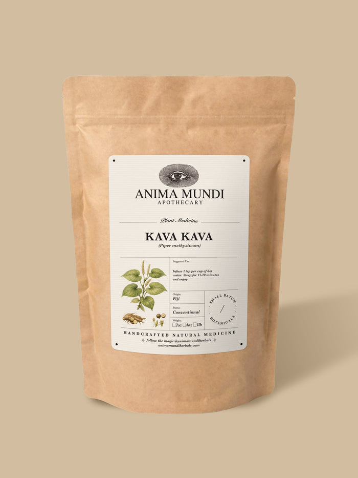 A kraft paper stand-up pouch of Anima Mundi Apothecary Damiana herbal supplement, shown on a solid beige background.