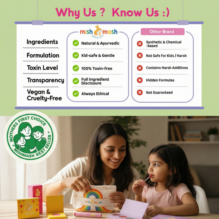 Comparison chart between mish mash and other brands, with a woman and child interacting with products below.