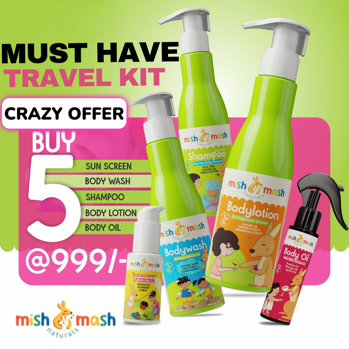 Children's skincare product set with promotional text on a green and pink background