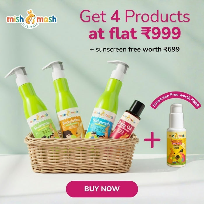 Basket of Mish&Mash products with promotional text on a light green background