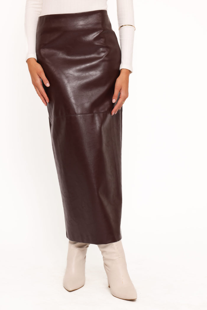 Petal and Pup USA BOTTOMS Koda Faux Leather Column Skirt - Burgundy