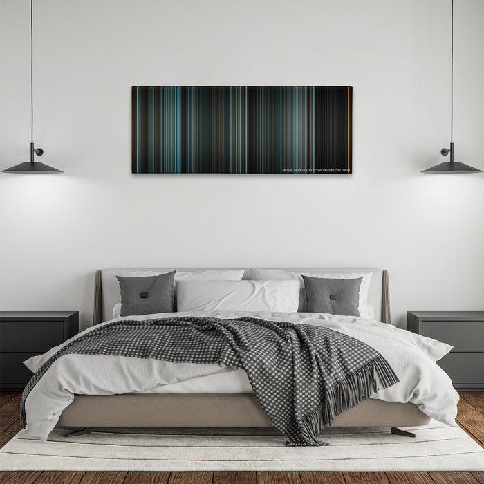 Law Abiding Citizen color palette canvas above a bed, between two black pendant lamps