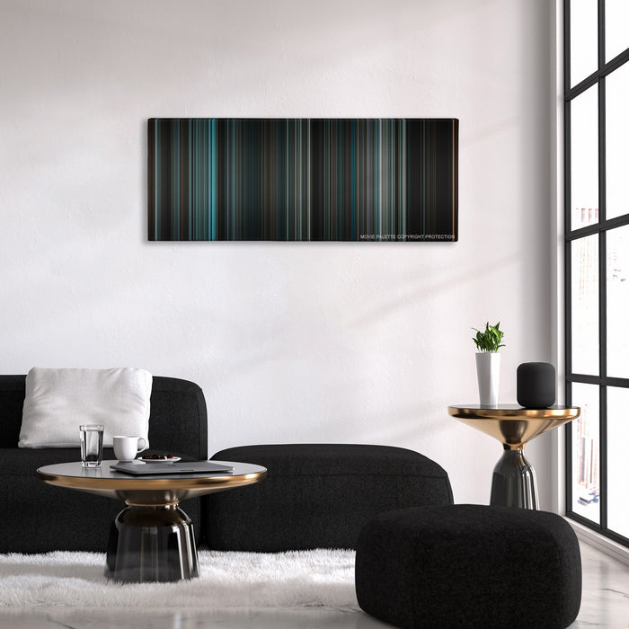 Law Abiding Citizen color palette canvas above a black sofa with a gold-topped table