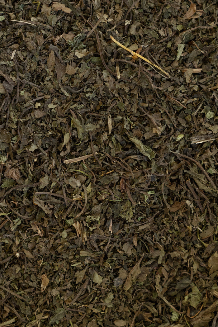 Close-up of dried green tea leaves