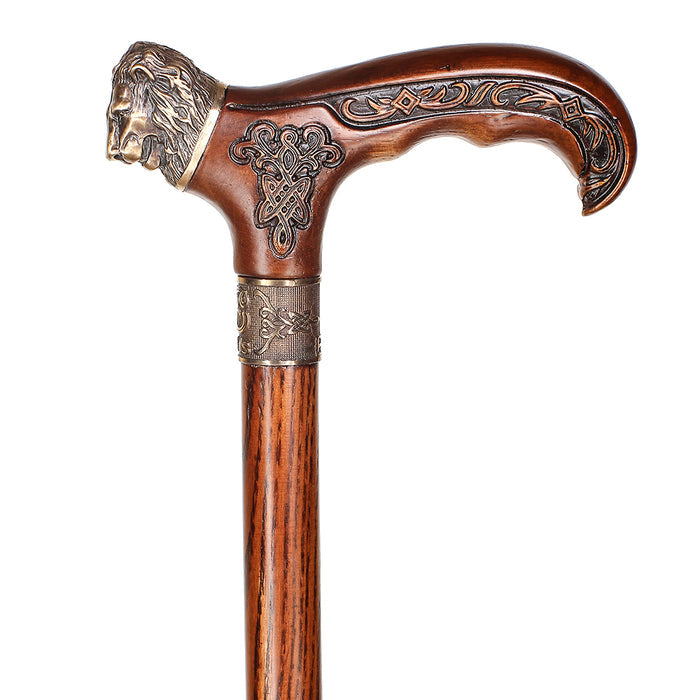 Lion Head Bronze & Wood Cane - Handcarved Artisan Craft