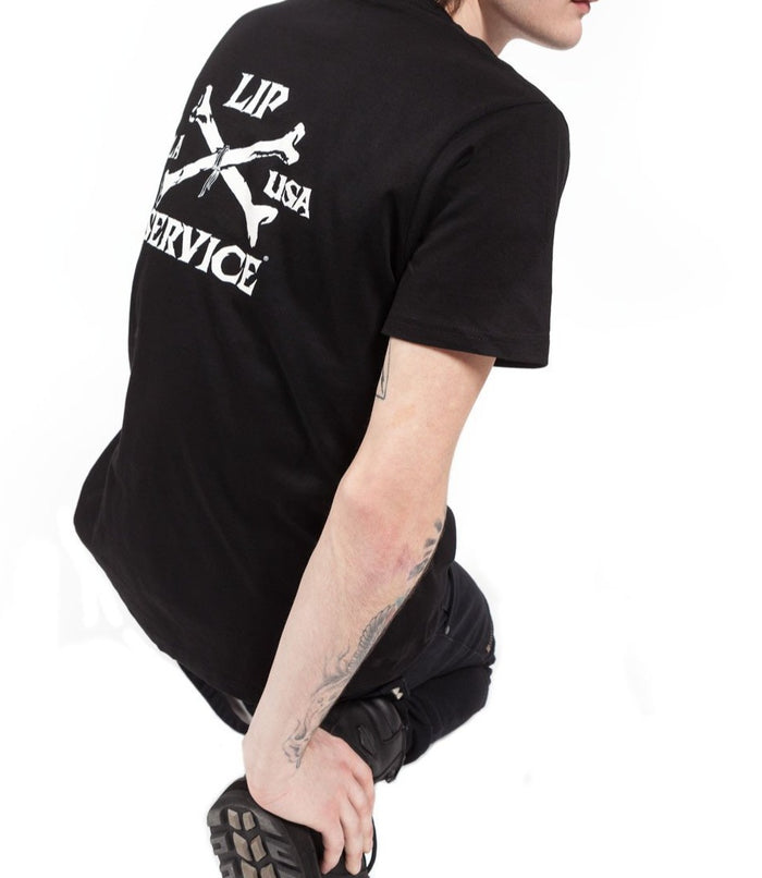 Lip Service cross bones print on the back.